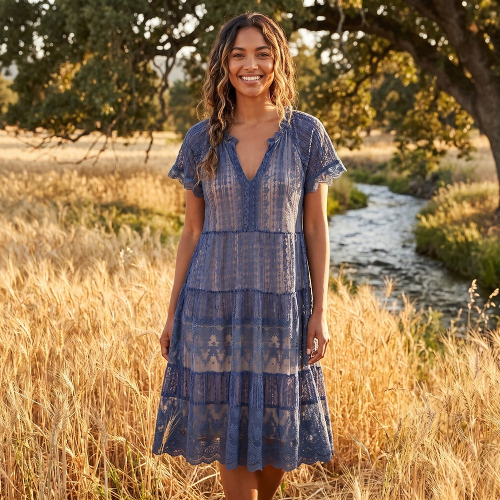 Sundance Tiered Lace Dress Women L Blue Boho Romantic Short Sleeve V-Neck
